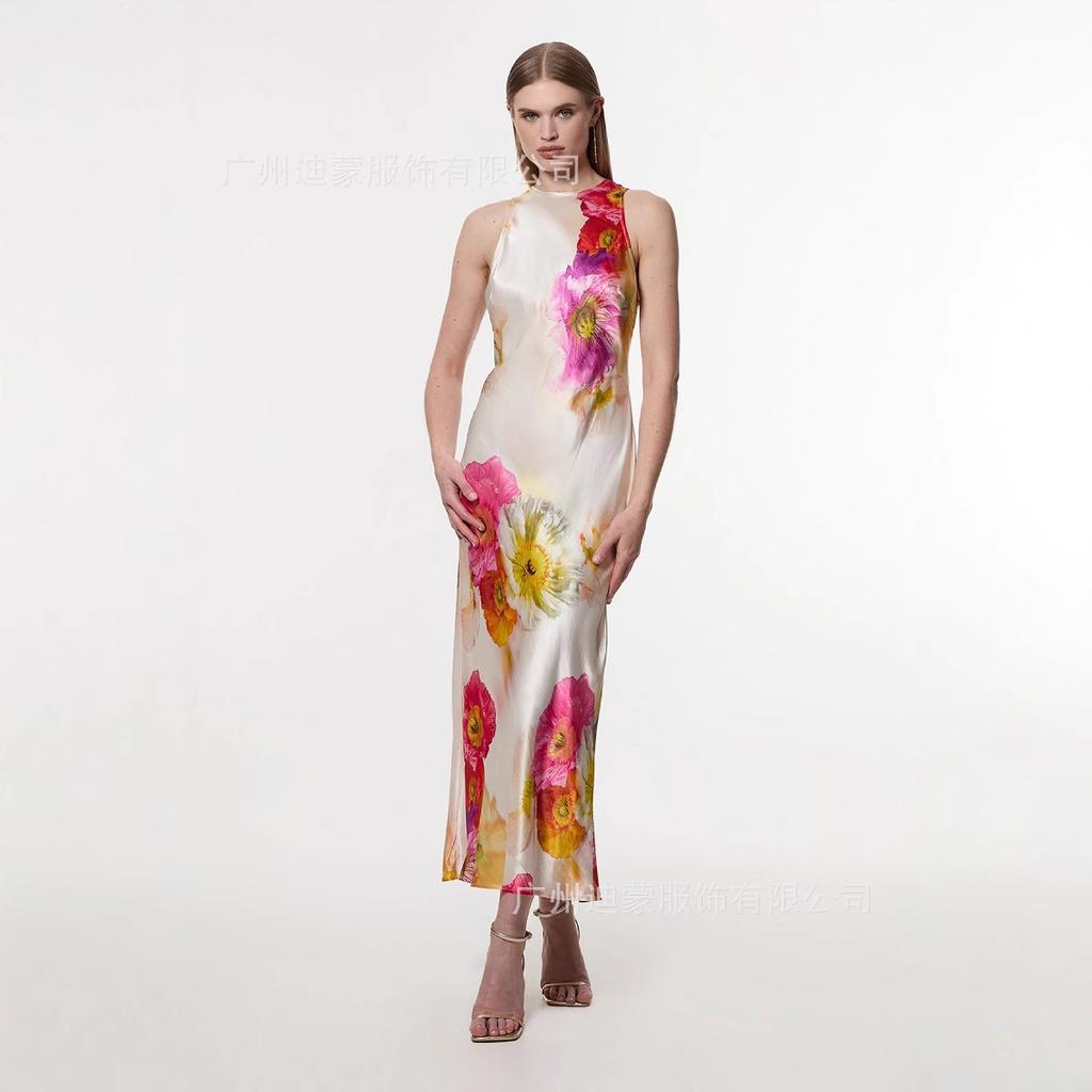 Damen Sexy Elegantes Feiertagsdruck Kontrastfarbe Nackenband Langes Schlitzkleid