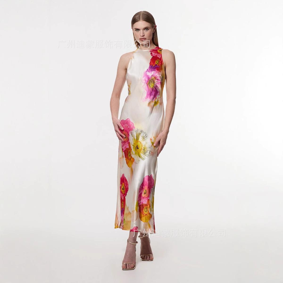 

Women s Sexy Elegant Holiday Print Contrasting Color Neck Strap Long Slit Dress S белый