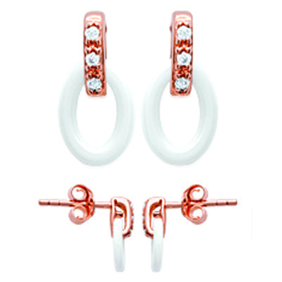 [L4688] - Gold Plated Earrings 'Sissi' White Ceramic (rose Gold) - 10x5 Mm