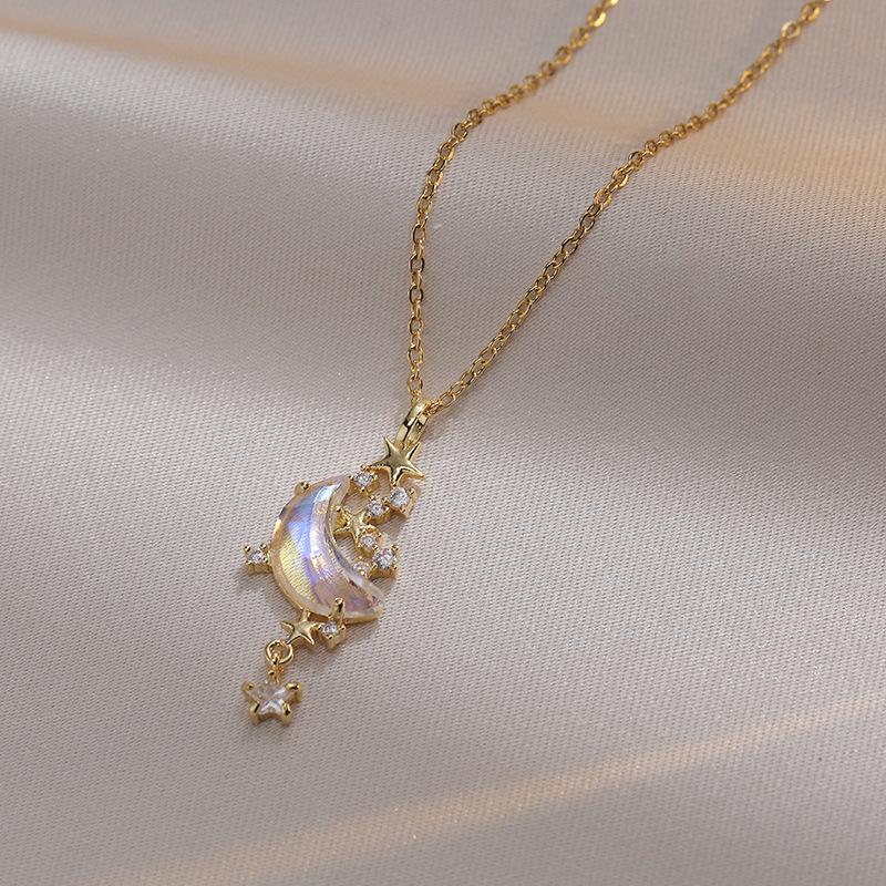 Fashion Sweet Moon Star Zircon Pendant Necklace Stainless Steel Chain Jewelry Gifts for Women Girls Daily Party Accessories