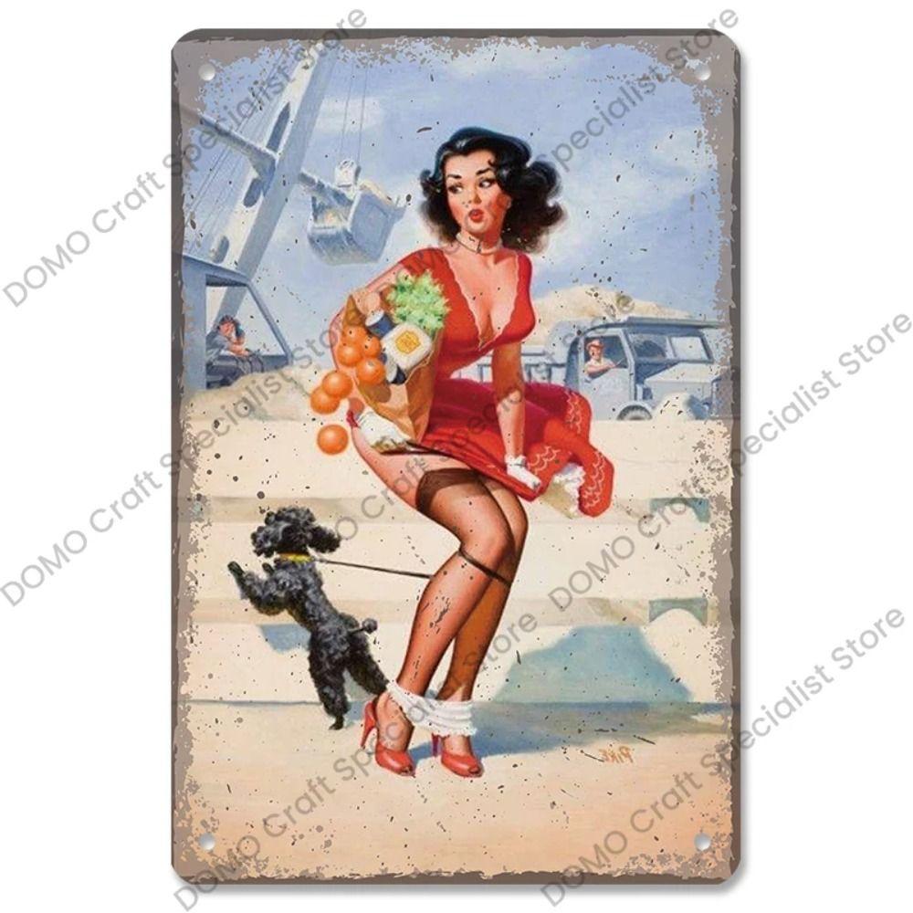 Metallplatta för flickor i interiör från Pinup-postern