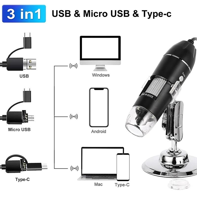 Microscopio digitale 1600X 3in 1 con fotocamera Microscopio elettronico portatile per saldatura Lente di ingrandimento a LED Lente di ingrandimento con carica USB di tipo C