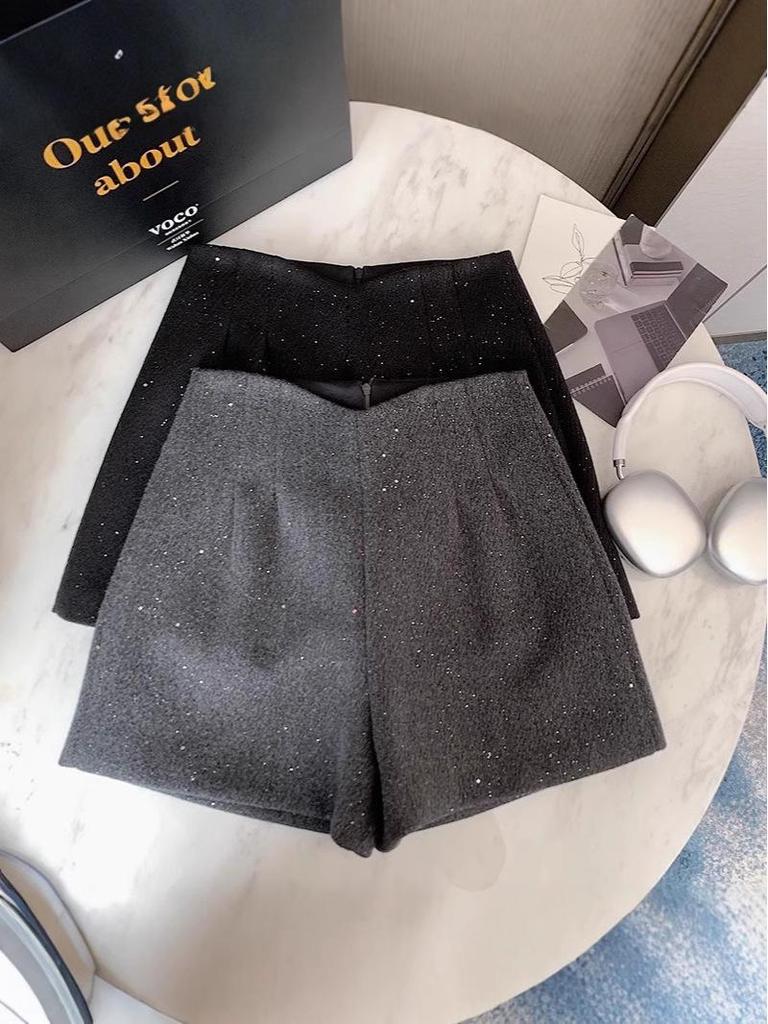 Starry Sky Sequin High-Waist Wide-Leg Woolen Shorts for Petites