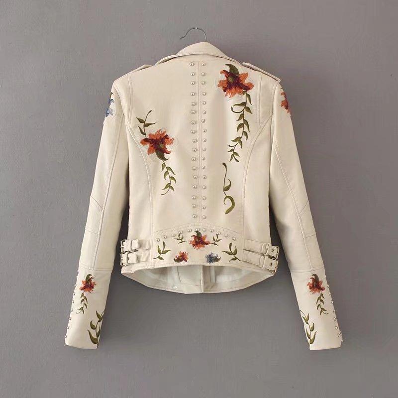 Turn-down Collar Pu Motorcycle Black Punk Outerwear Women Floral Print Embroidery Faux Soft Leather Jacket Coat