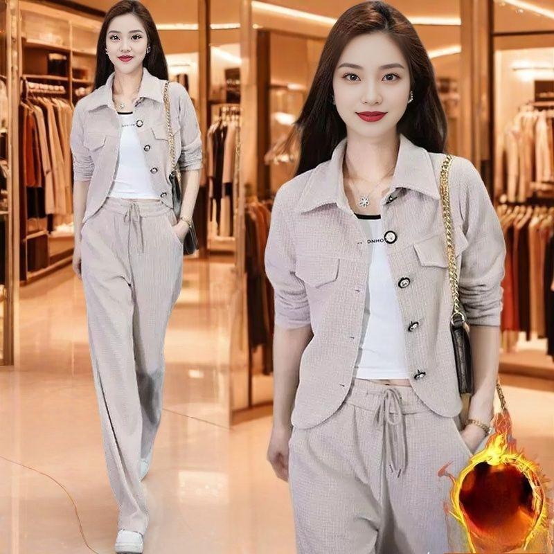 Fashionable Velvet Thickened Casual Suit for Autumn and Winter, Elegant Loose Jacket and Trousers Two-piece Set
