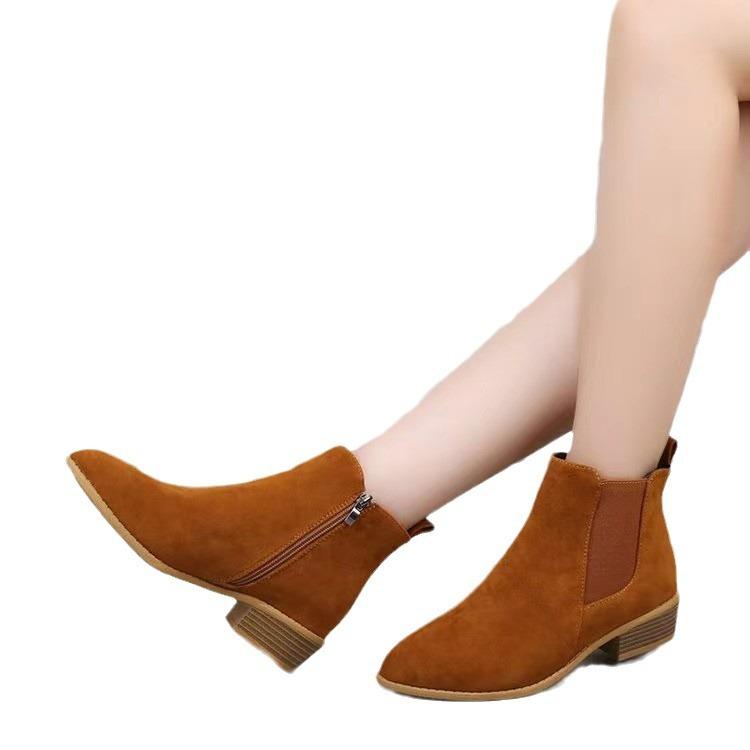 New Large Size Pointed Short Boots Suede British Simple Women's Boots Autumn and Winter Flat Bottom Side Zipper Bare Boots