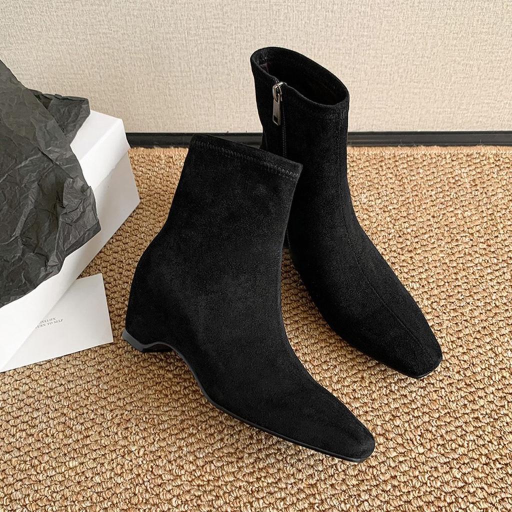 Invisible heightening short bare boots 2025 autumn and winter new retro temperament versatile square head rear zipper thin elastic boots