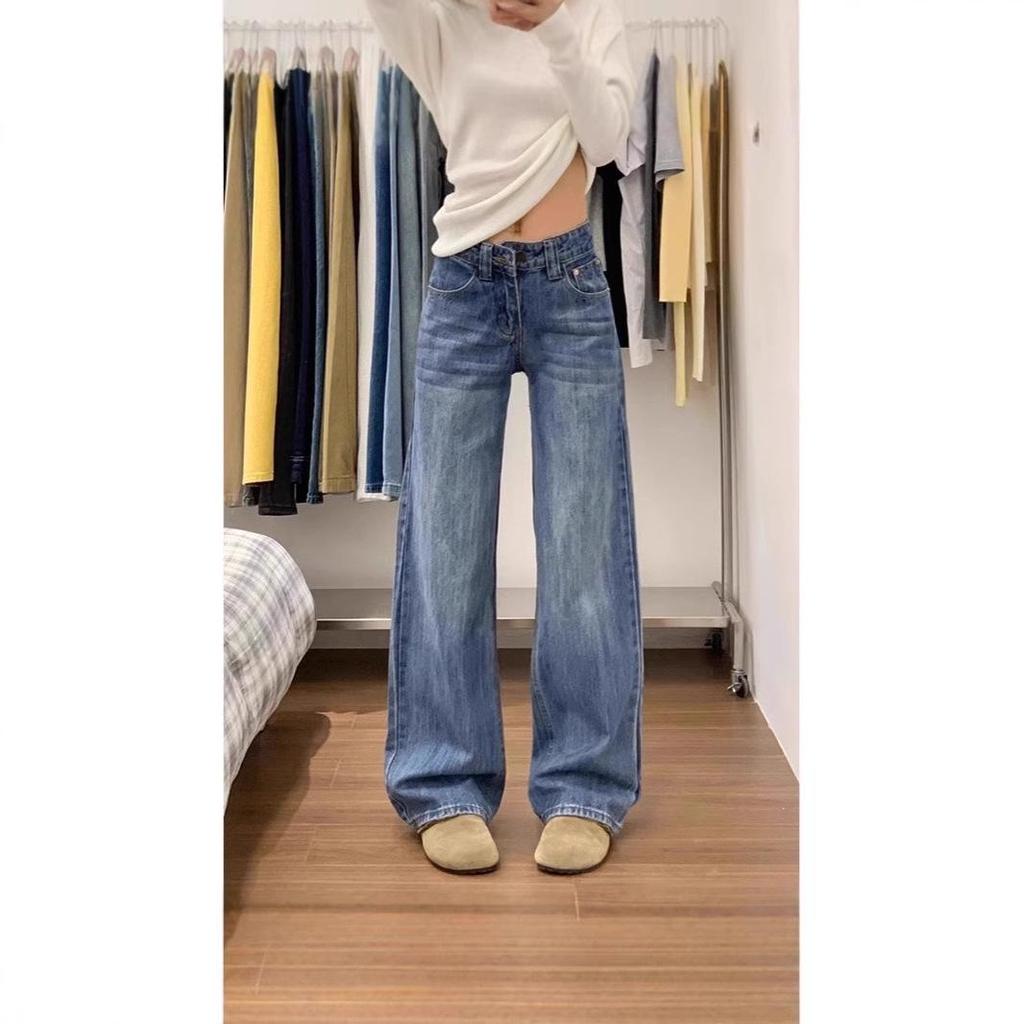 Jeans Dritti a Vita Media Lavati Retro da Donna - Estivi Loose Fit, Modellanti, Pantaloni a Gamba Larga Lunghi fino a Terra
