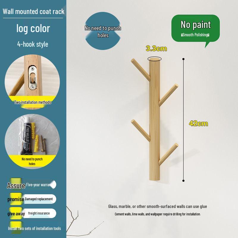 New Solid Wood Punch-Free Wall-Mounted Coat Rack & Clothes Hanger with Creative Behind-the-Door Hooks for Bedroom & Living Room