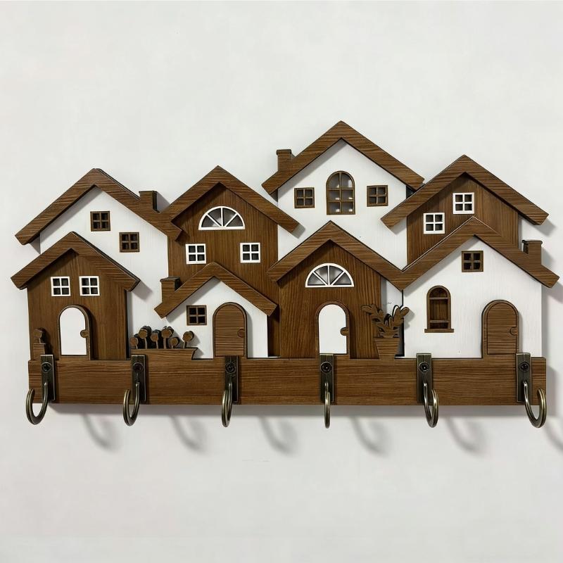 Retro Inspires Wood Key Holder With 3D House Shape Decorative Wooden Hanger For Keys And Small Items