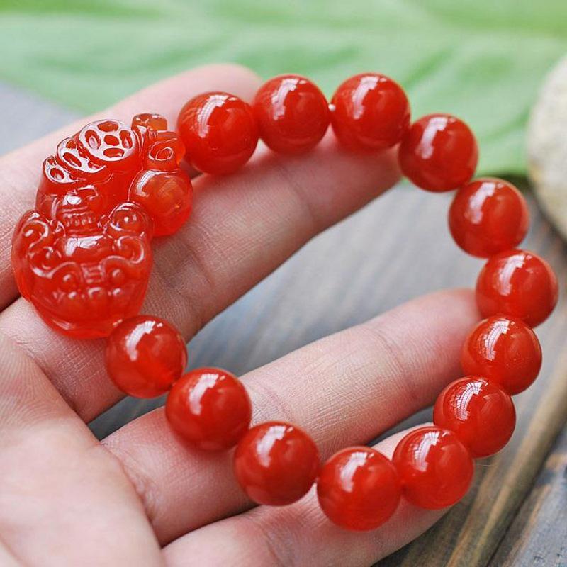 

Red Agate Pixiu Beads Bracelet for Men & Women | Buddhist Benmingnian Jewelry 10mm
