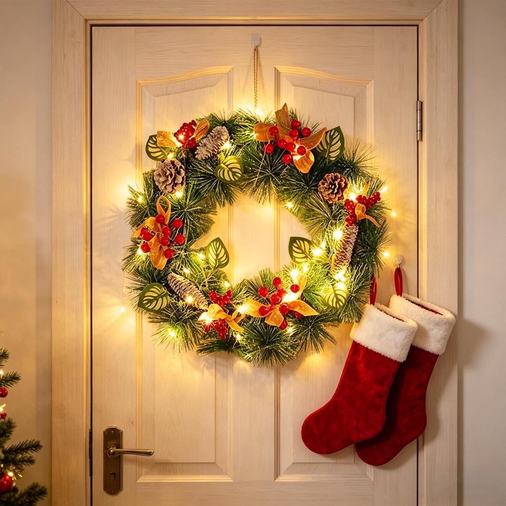 LED Christmas Wreath with PVC Pine Cones – Elegant Hanging Holiday Decoration for Windows