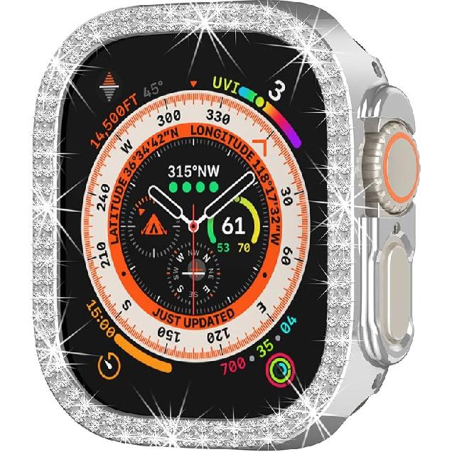

Совместим с Apple Watch Ultra 2 / Apple Watch Ultra 49 мм Двурядный чехол с бриллиантами, ПК бампер, защитные чехлы, женский мужской, кристально блестящий серебряный