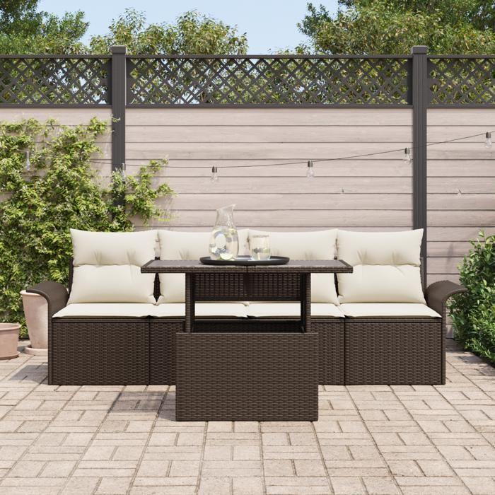 VidaXL Ensemble de Canapés de Jardin 5 Pièces avec Coussins Marron Poly Rattan 3348184