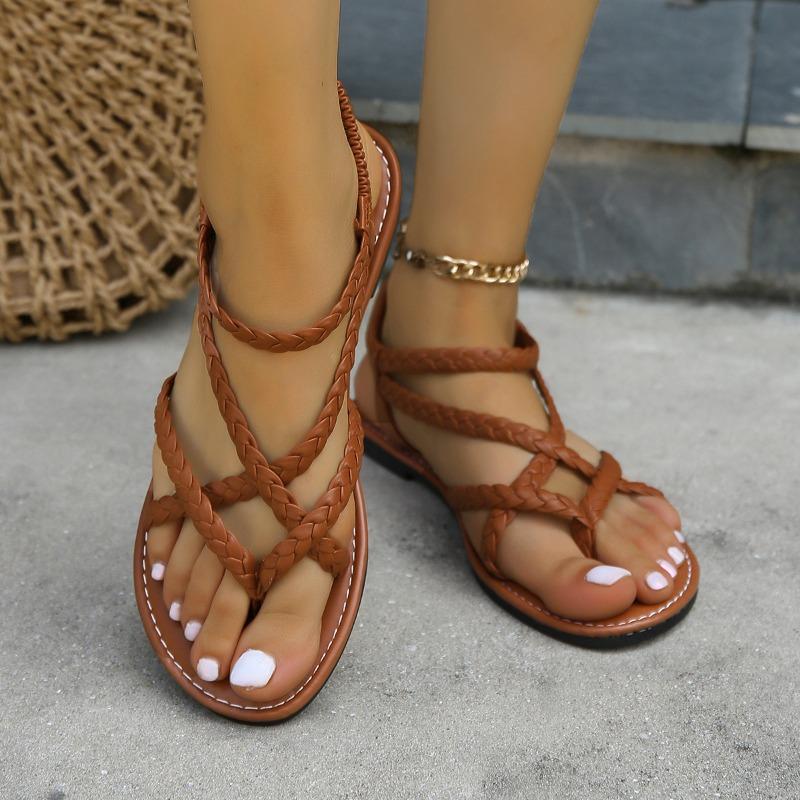 

Women s Plus Size Summer New Sandals Toe Ring Woven Flat Slip-On Euro-American Casual Beach Shoes 43 коричневый