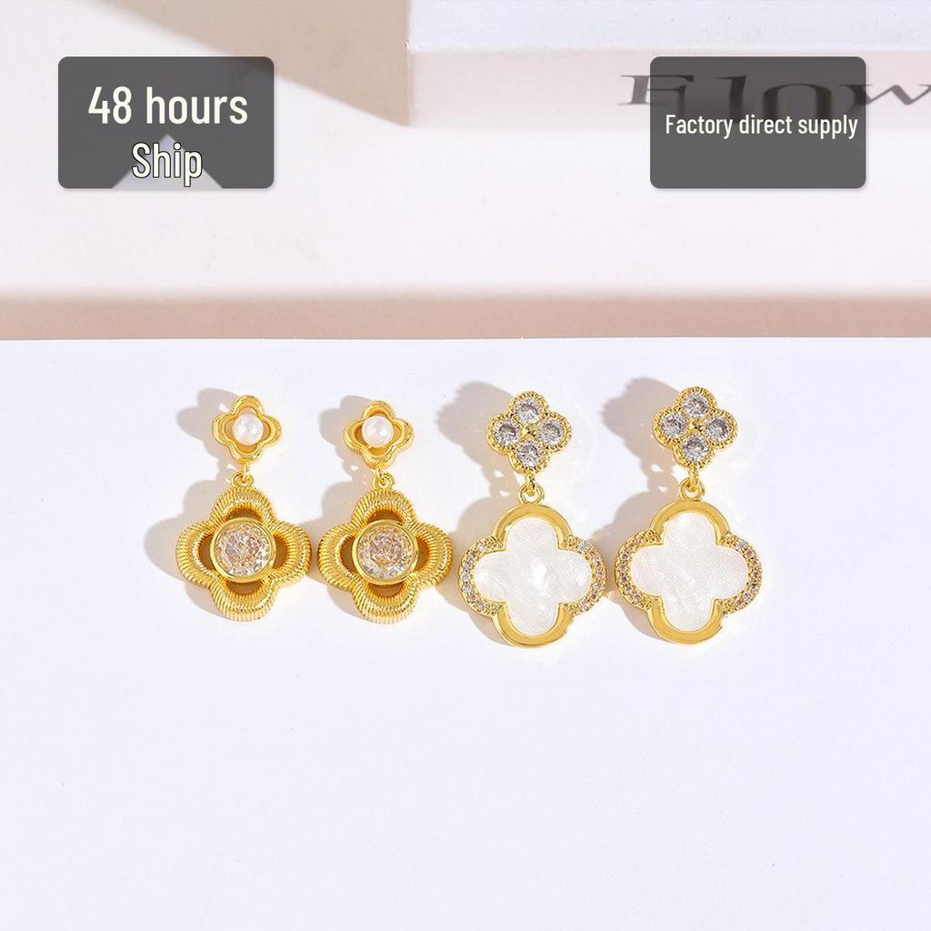 Gold-Plated Four-Leaf Clover Zircon Earrings with Mother-of-Pearl - Elegant French Style for Women