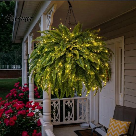 Artificial Potted Ferns with LED Lights Pre-Lit Warm Lights, UV Resistant Faux Hanging Plants for Evergreen Simulated Foliage Outdoor Patio
