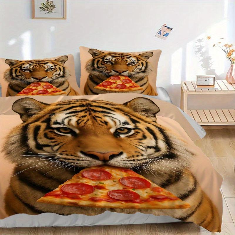

3pcs Tiger Pizza Slice Bedding Set, Suitable for Bedroom Decoration, (Includes 1 Duvet Cover And 2 Pillowcases, Quilt Not Included) yy250822190 135x200cm