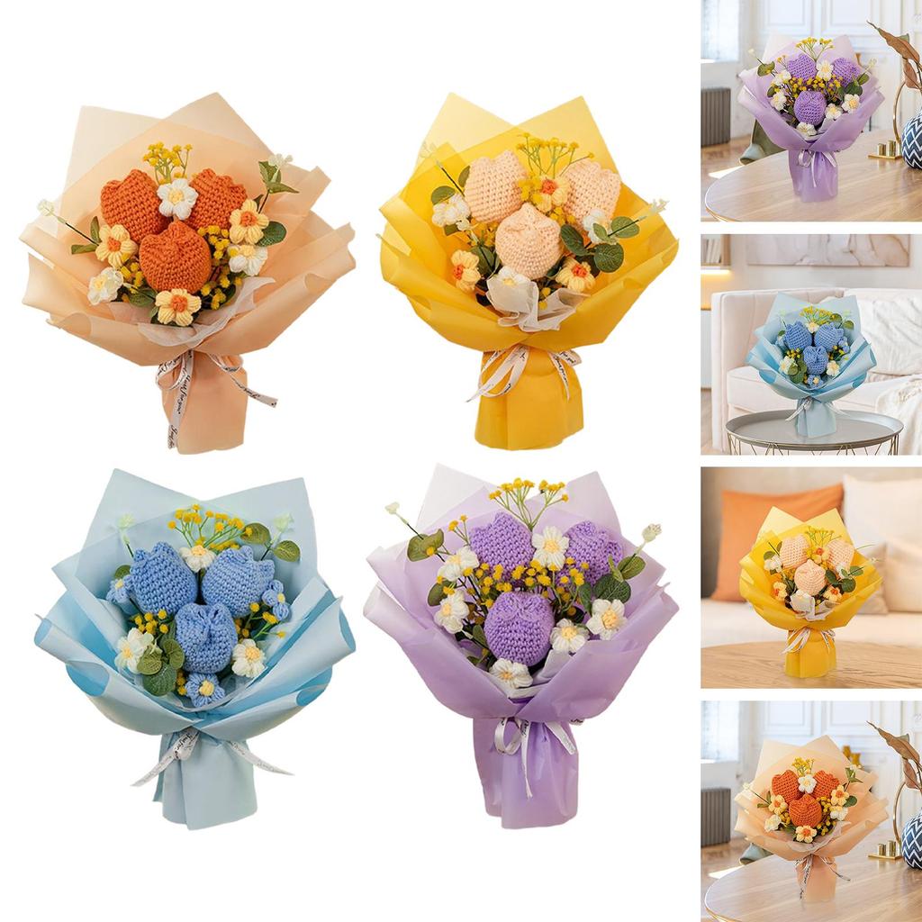 Artificial Flowers Fake Flowers with Eucalyptus Gift Knitted Flowers Crochet Flower Bouquet for Party Shelf Wedding Anniversary