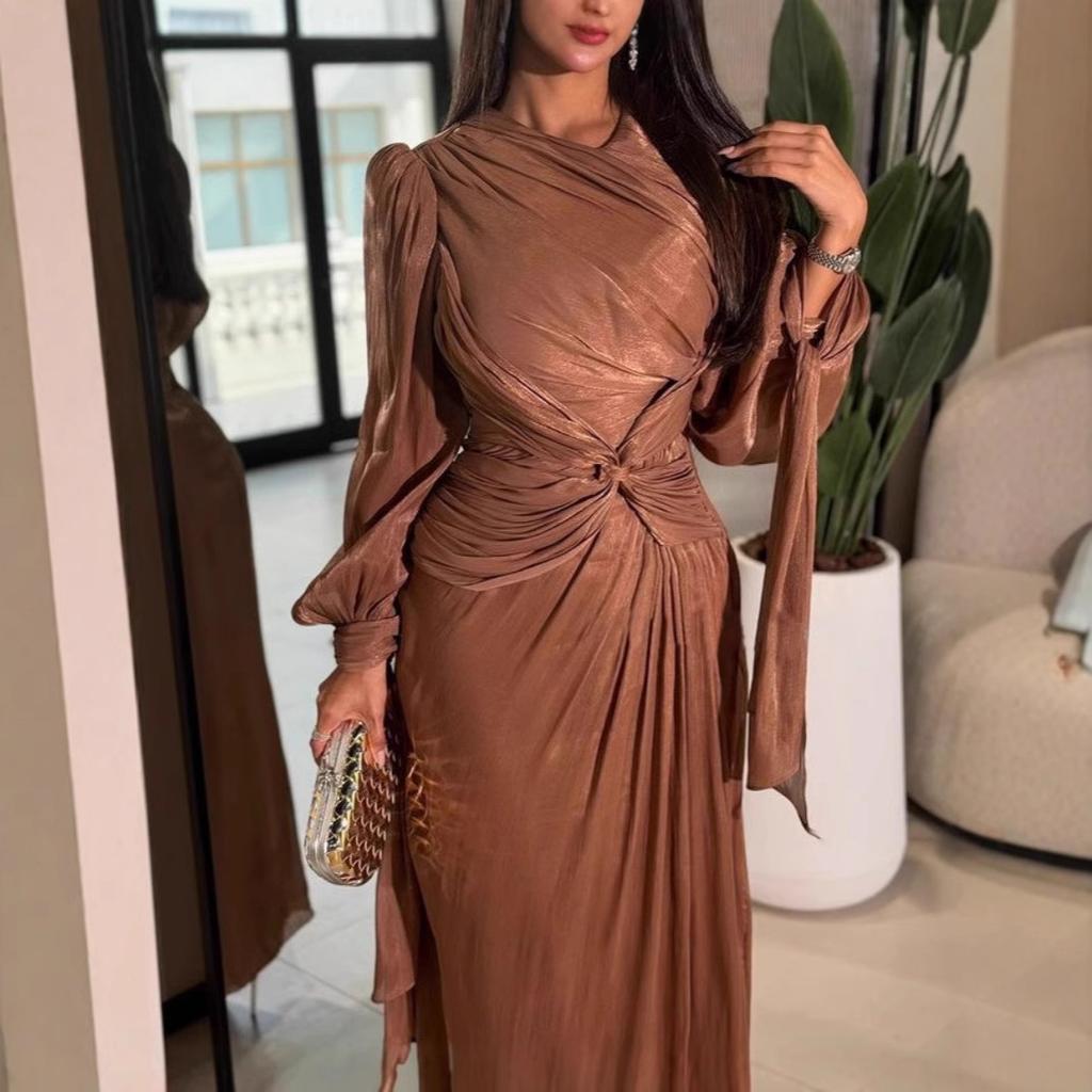 2025 Autumn and Winter Women's Clothing Pleated Streamer Shiny Evening Dress