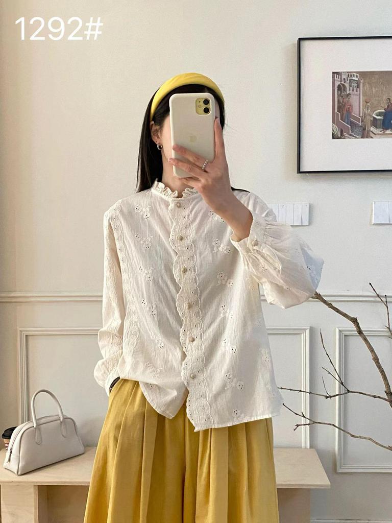 French Embroidered Stand-Up Collar Women's Shirt - Spring Style, Loose Fit, Hollow-Out Design, Long Sleeve Top