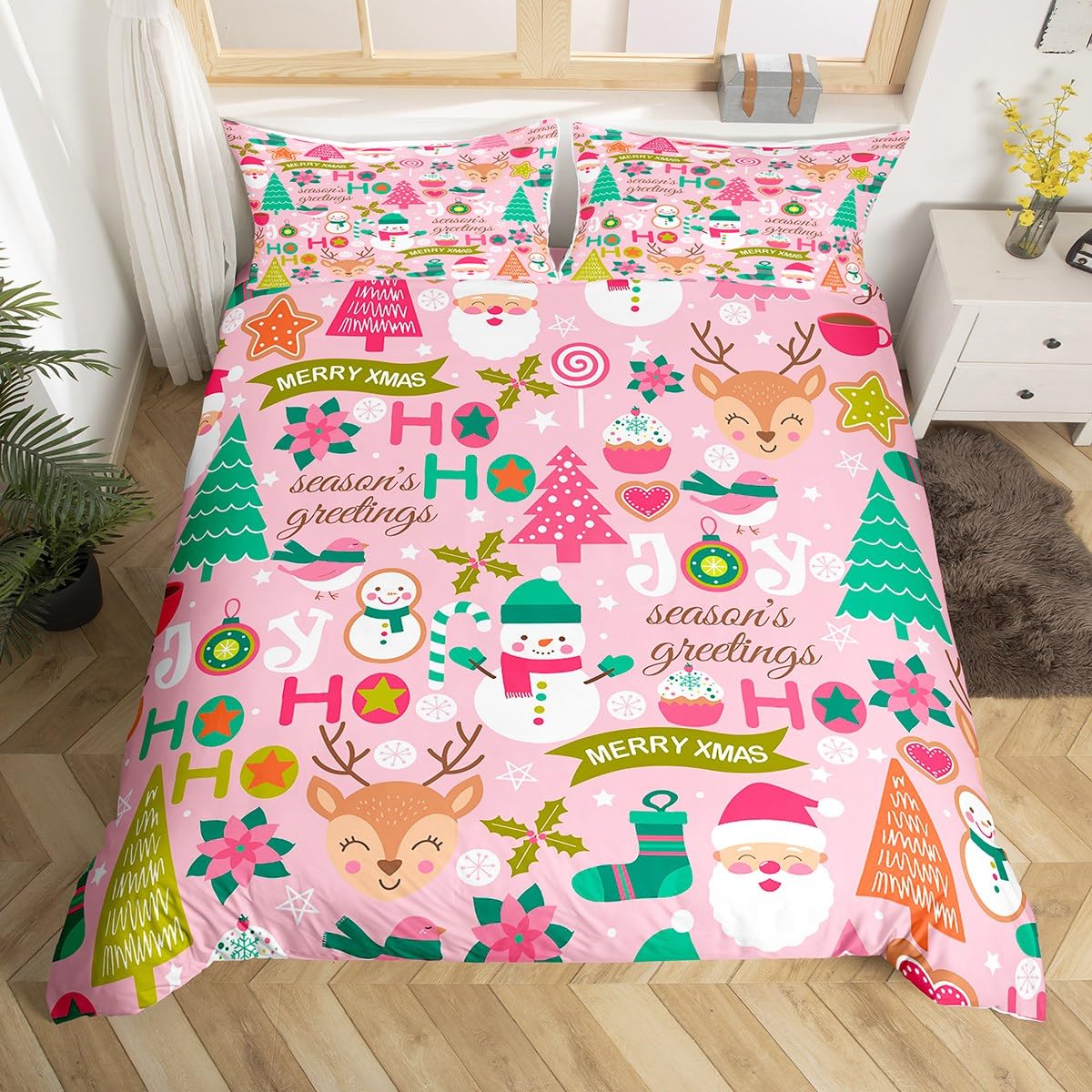 Christmas Kids Bedding Set Cartoon Snowman Bedding Duvet Cover Set for Boys Girls Christmas Tree Decor Comforter Cover Set Pink Dots Xmas Th 155x200cm