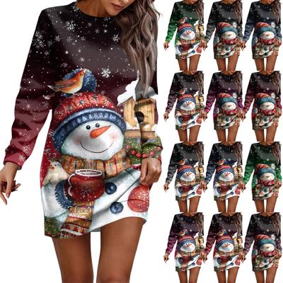 Long Sleeve Dress For Women Casual Christmas Printed Pullover Hip Pack Dress Sweater Dress