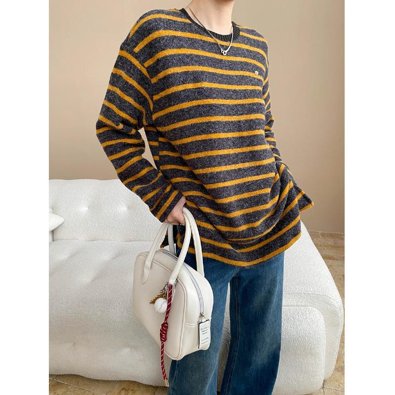 

Sinan Soft Skin-Friendly Striped Round Neck Loose Long Sleeve T-Shirt One Size жёлтый/чёрный