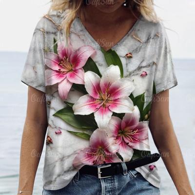 T-shirt da Donna 2024 Estate T-shirt Floreale 3D Taglie Forti Abbigliamento Donna Maglietta Oversize Designer a Maniche Corte Donna Blusa Scollo a V