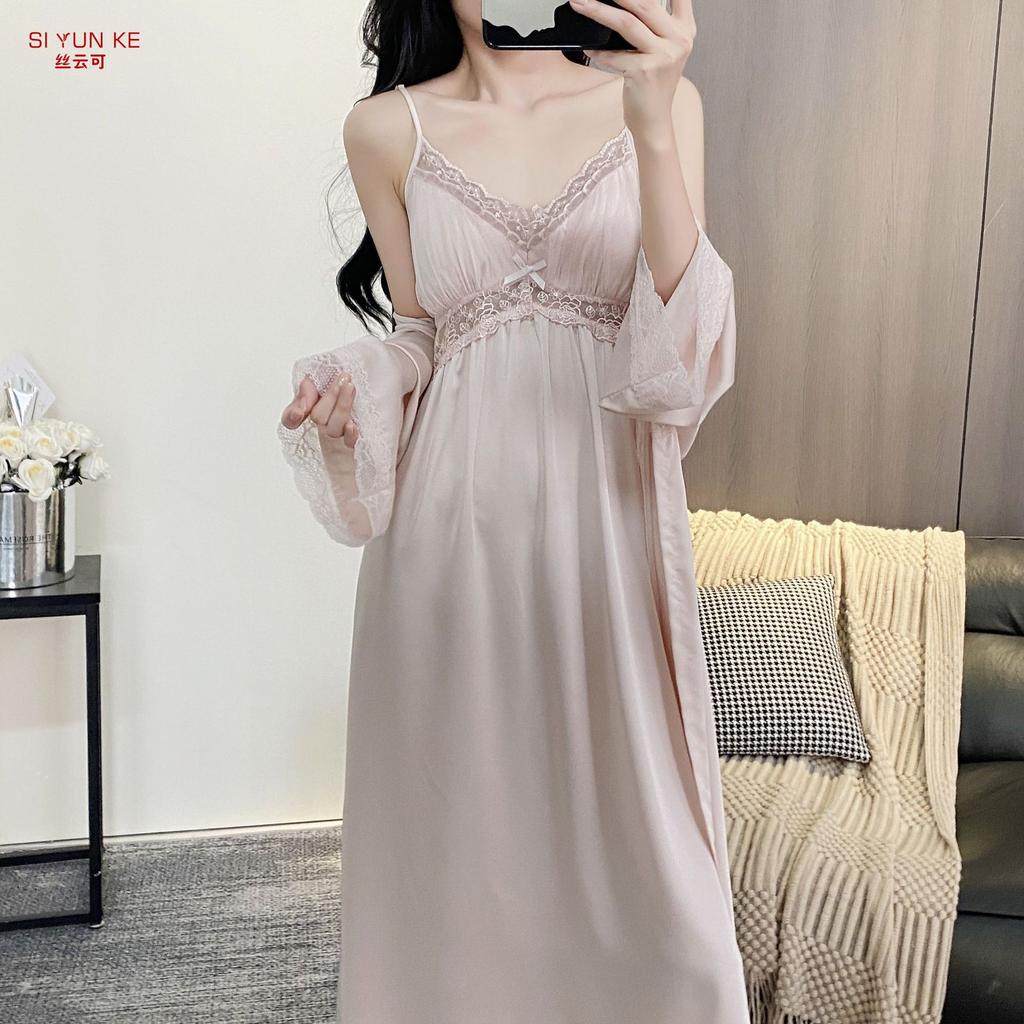 New Suspender Nightgown Women's Ice Silk Long Lace Sexy Pure Desire Style Wedding Festive Loungewear Can Be Worn Outside Nightgown