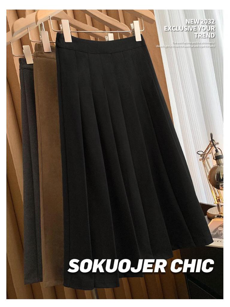 Women's High-Waisted Wool Blend Midi Skirt: Thick Pleated, Slimming Korean Style for Autumn & Winter