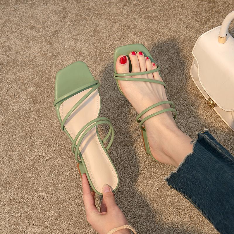 Fashion solid color narrow band slippers women med-high heels slides outdoor footwear ladies sandalia summer dress shoes woman flipflops