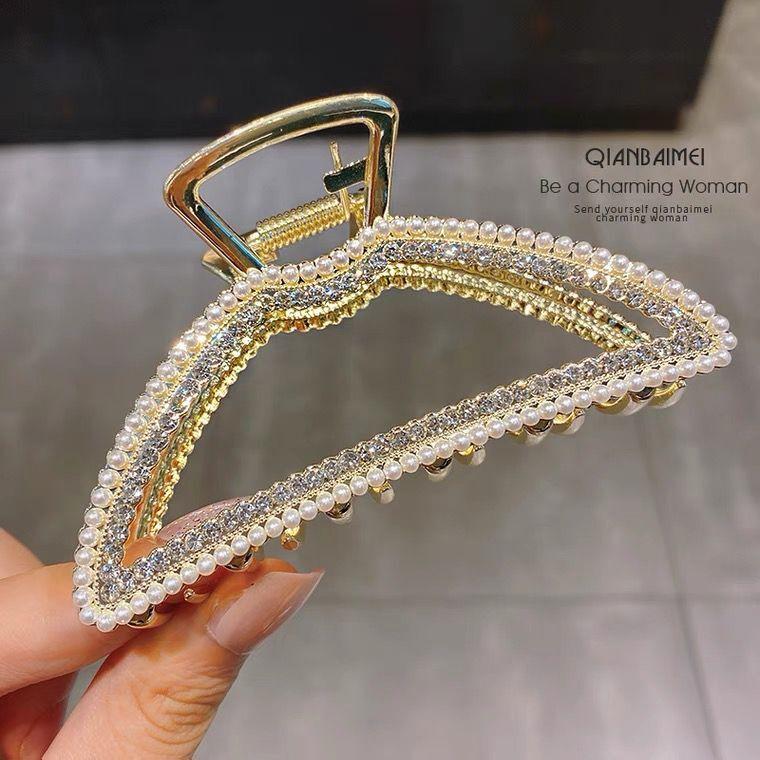 2026 Trendy Big Size Hair Clip Woman Girls Thick Hair Accessories Luxury Metal Hair Claw Clips Rectangle Rhinestone Mix Pearl
