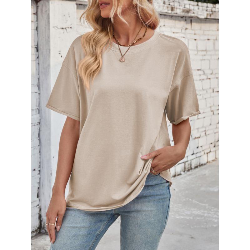 Summer Loose and Casual Cotton Solid Color Round Neck Short-sleeved Raw Edge T-shirt