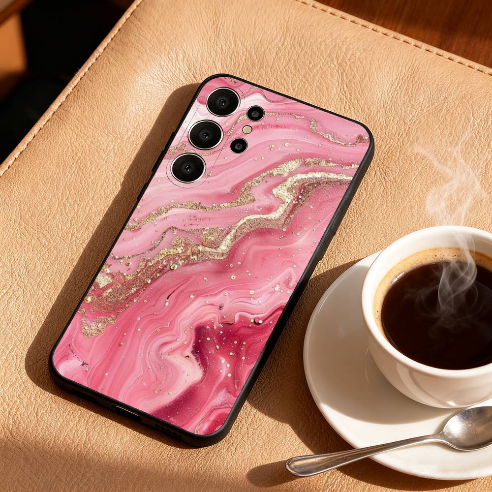 Gold Pink Geometric Marble Phone Case For Samsung S26,S25,24,23,22,30,21,10,9,Ultra,Plus,Lite,Black Soft Case