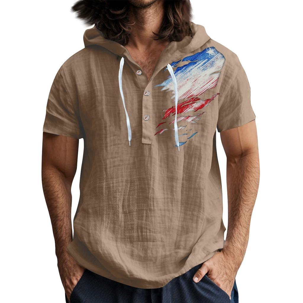 Męska koszulka z krótkim rękawem i kapturem, zapinana na guziki, z odkrytym dekoltem