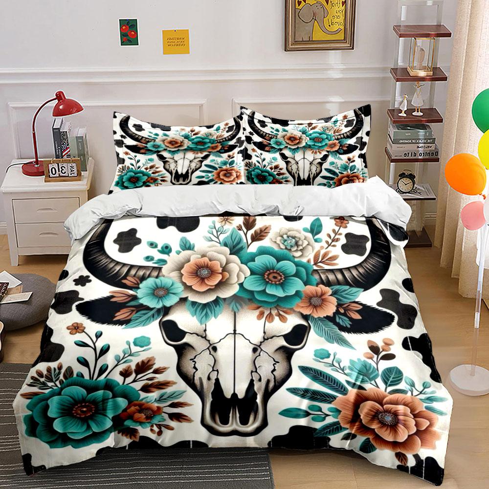 Floral Bull Skull Bedding Set Bedding Duvet Cover Set Duvet Cover Pillowcases (1 * Duvet Cover 2 * Pillowcases, Without Duvet Insert)