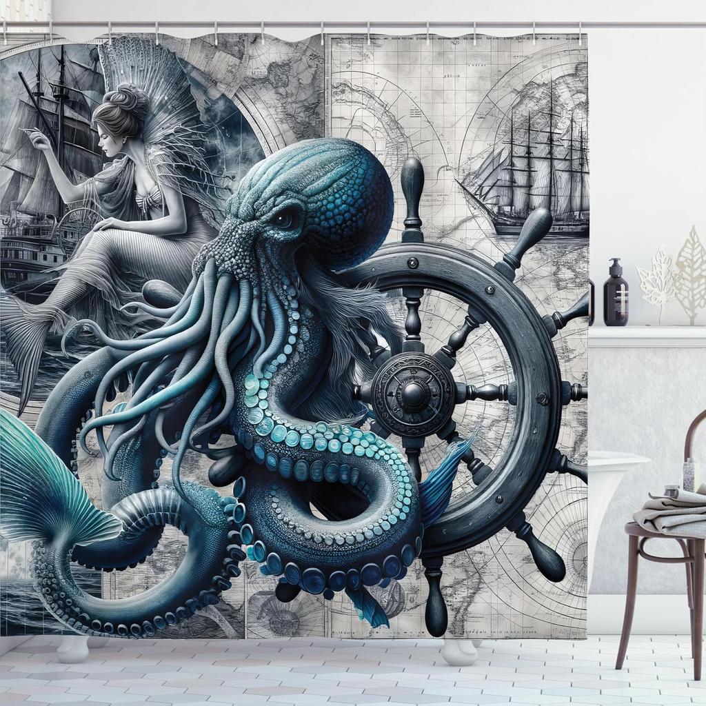 Blue Shower Curtain, Nautical Concept Gothic Marine Fantasy Sailors Nightmare Kraken Siren, Cloth Fabric Bathroom Deco