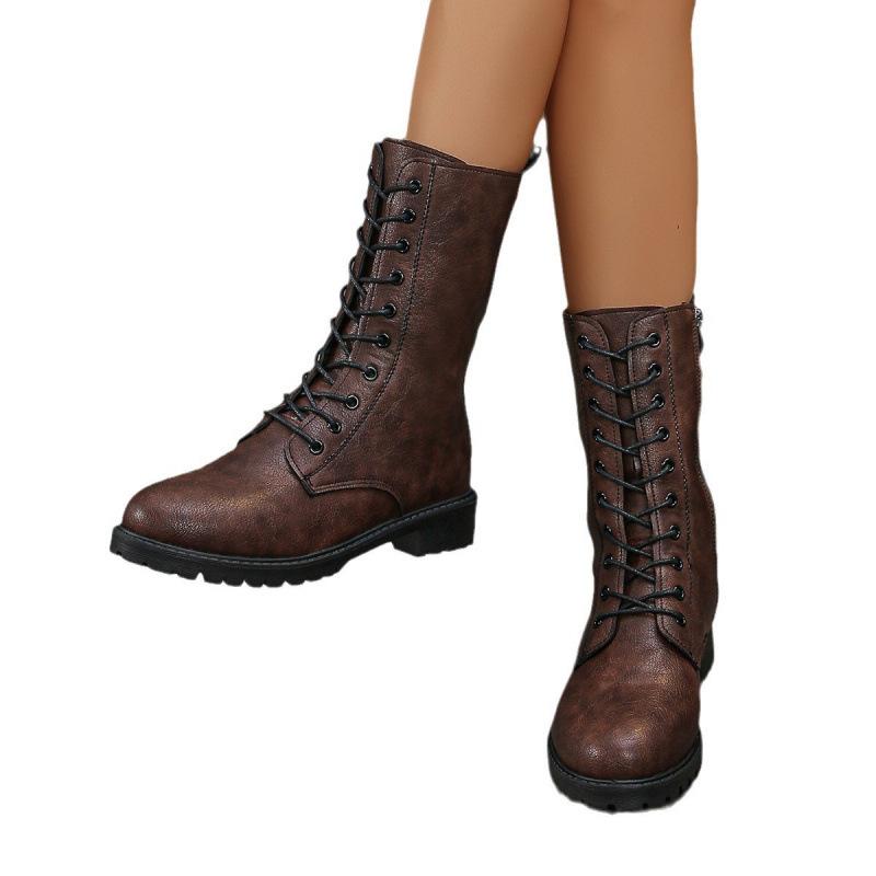 Martin boots women's autumn and winter new round head front lace-up short boots medium tube European and American knight boots