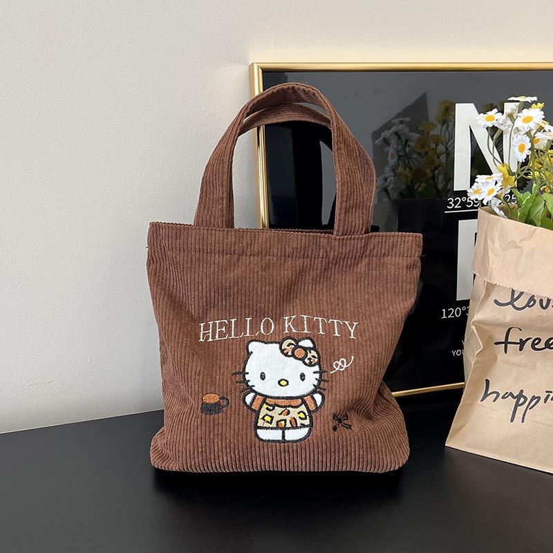 Embroidery Kitty handbag hand carry work cute large capacity versatile corduroy small bag Kitty cat