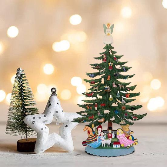 10 Inch Wooden Mini Christmas Tree Handmade 3D Xmas Tree Tabletop Centerpiece with Angel Topper for Home Office Mantel Decor