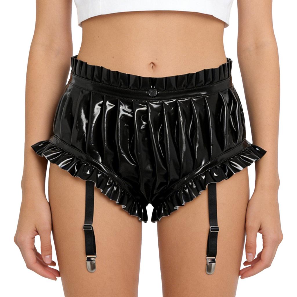 Women's Wet Look PU Leather Briefs S-3XL: Ruffled Trim Ruched Bloomer Shorts with Garter Clips Glossy Nightwear for Nightclub Rave Party