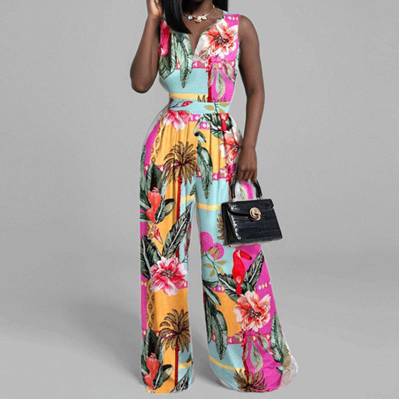 1116 New Summer Women's Clothing, European and American Casual Trousers, Slim-fit Printed Sleeveless Women's Jumpsuit Women