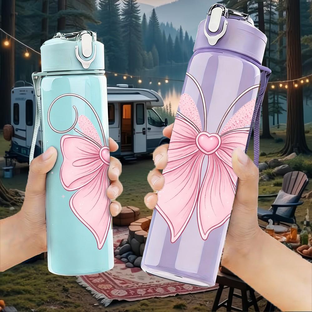 1PC Pink Bow Ribbon Easter Soft Line Art 750ml Color Plastic Sports Water Bottle Leakproof Flip Straw Lid Suitable for Sports Office Home Use