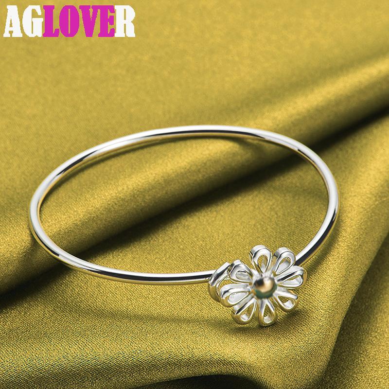 925 Sterling Silver Gold Flower Bangle Bracelet Jewelry