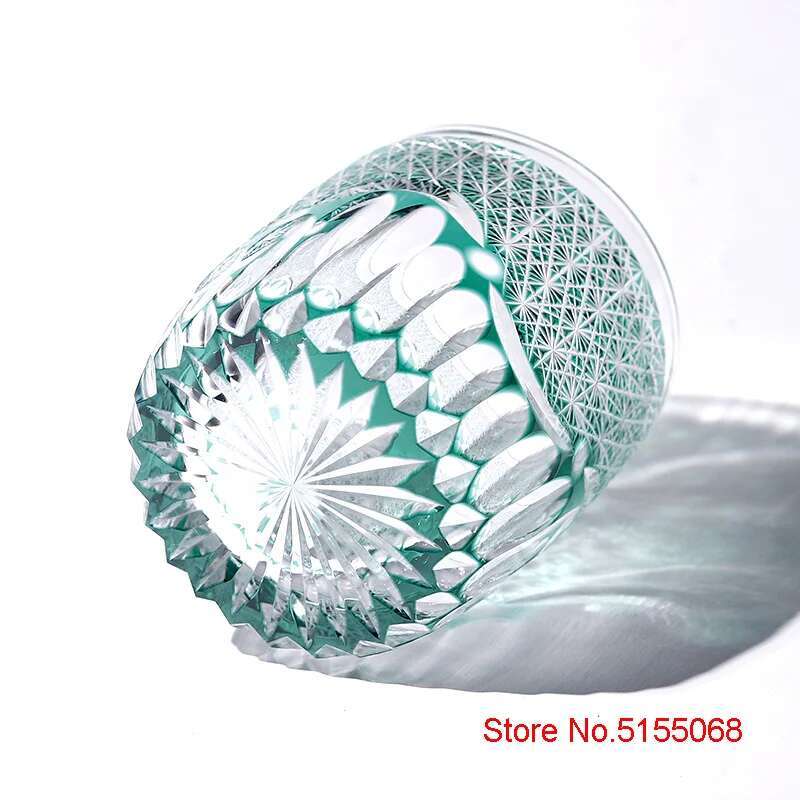 Japanese Top Edo Kiriko Hand Carving Crystal Whiskey Glass Green Chrysanthemum Sea Wave Brandy Liquor Snifter Wine Cup Drinkware