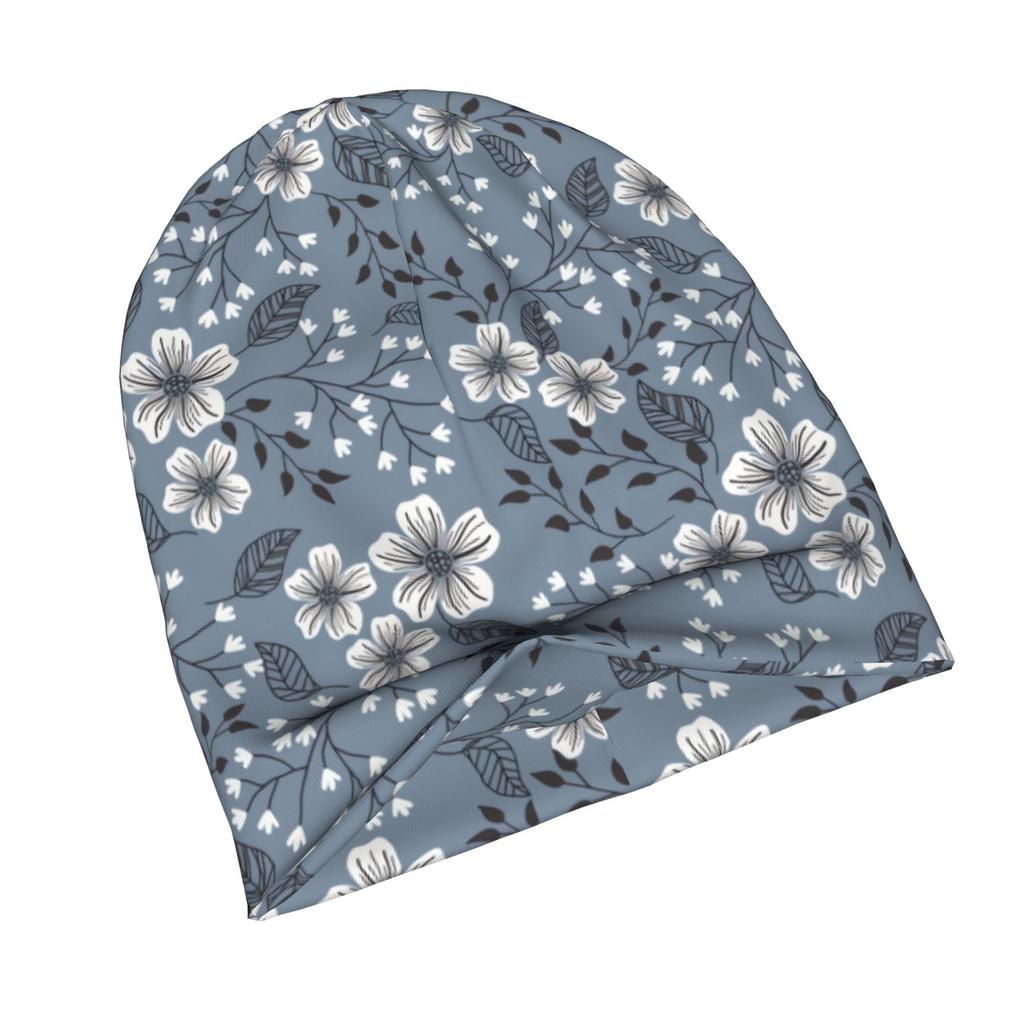 2D Flat Printing Slate Gray Floral Urban-Inspired Adult Beanie Fits Well with Layered Looks Morning Coffee Walks Or Creative Spaces with Artistic Vibe