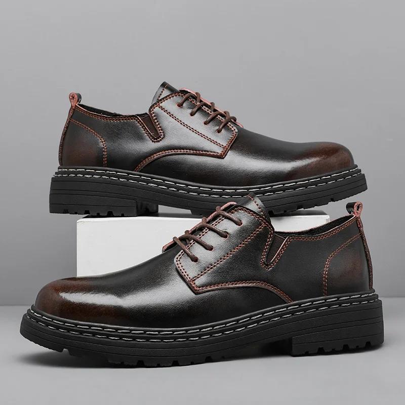 Outdoor Lace Up Wear Resistant Soft Bottom Oxford Shoes Work Shoes Leather Fashion Thick Soled Round Toe Casual Walking Shoes