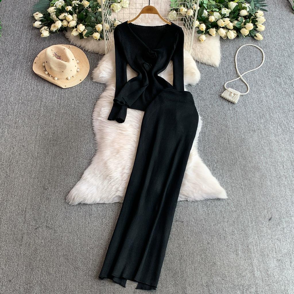 Spring Autumn Women Elegant Knitted Sweater Office Two Piece Set V-neck 3D Flower Pullover Tops and Long Maxi Sheath Skirt Outfits