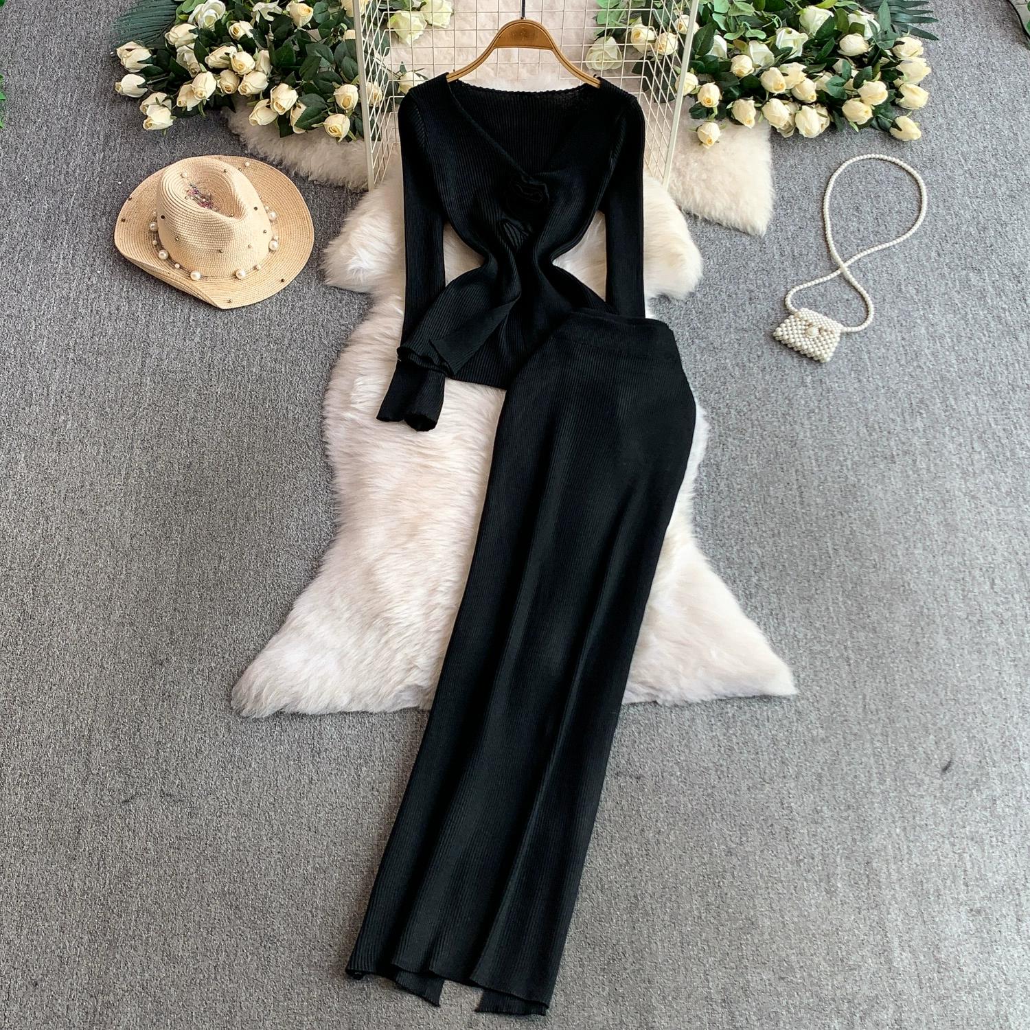 

Весенне-осенний женский элегантный вязаный свитер, офисный комплект из двух частей, пуловер с V-образным вырезом и 3D-цветком, топ и длинная юбка-макси футляр One size чёрный